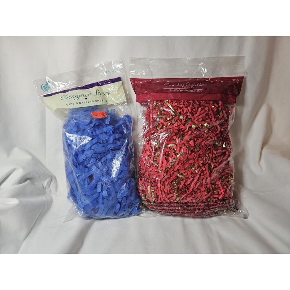 Lot Of 2 NOS Gift Wrapping Shreds NOS Red w/Gold And Blue 2oz And 1.25oz